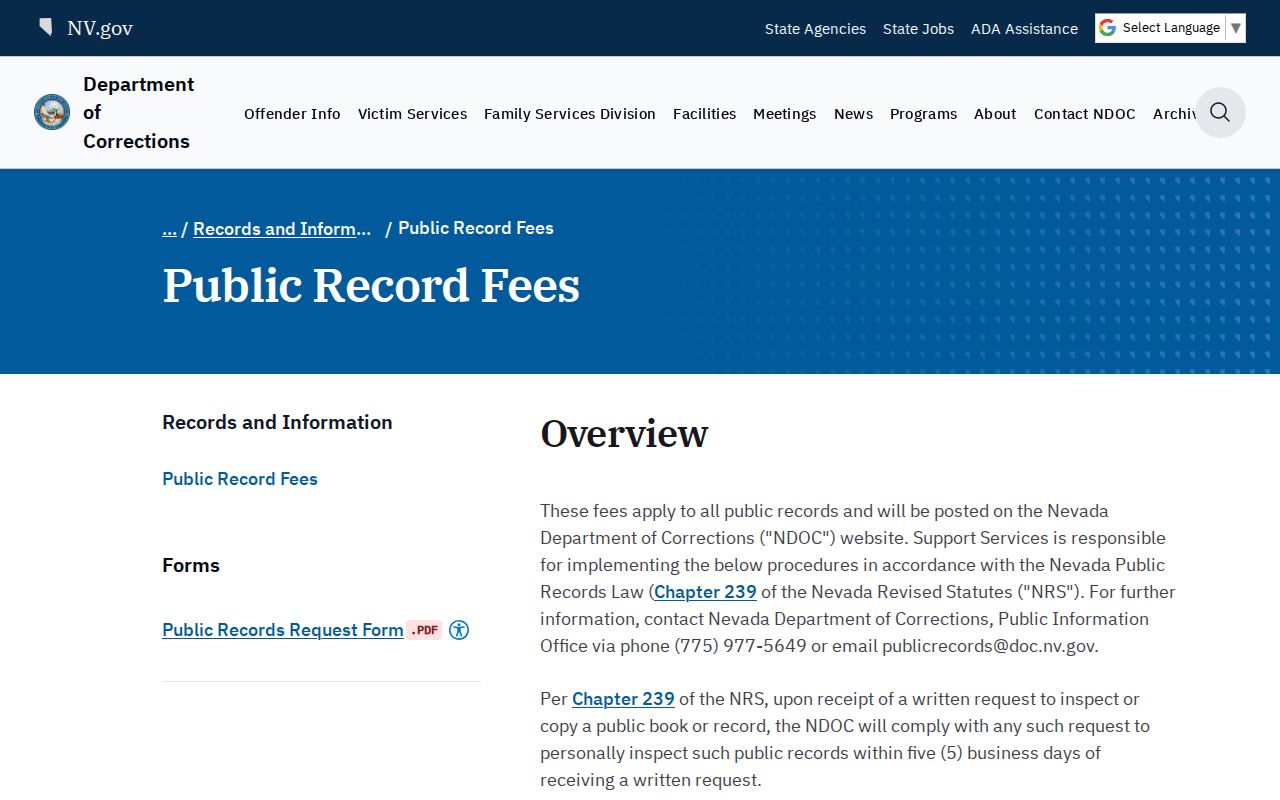 Nevada Department of Corrections release records and fee information for Mineral County cases