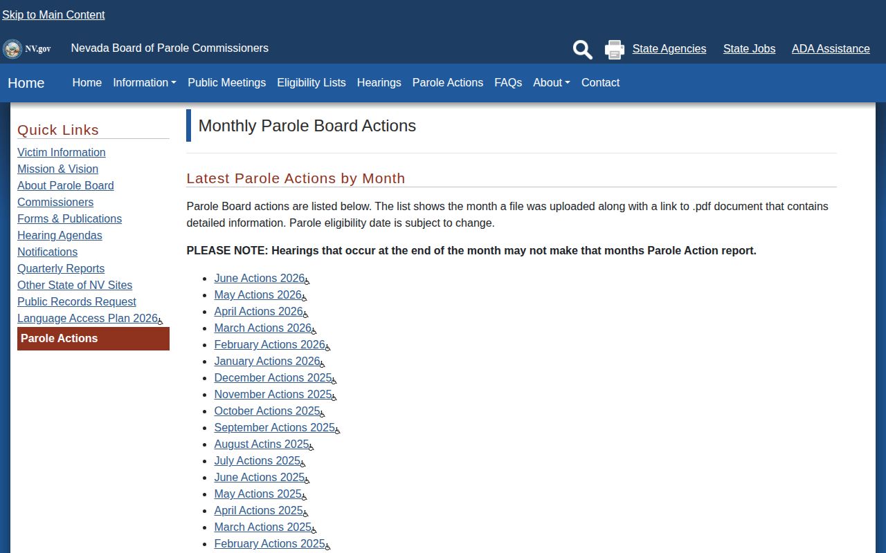 Mineral County parole and probation Monthly Parole Board Actions page
