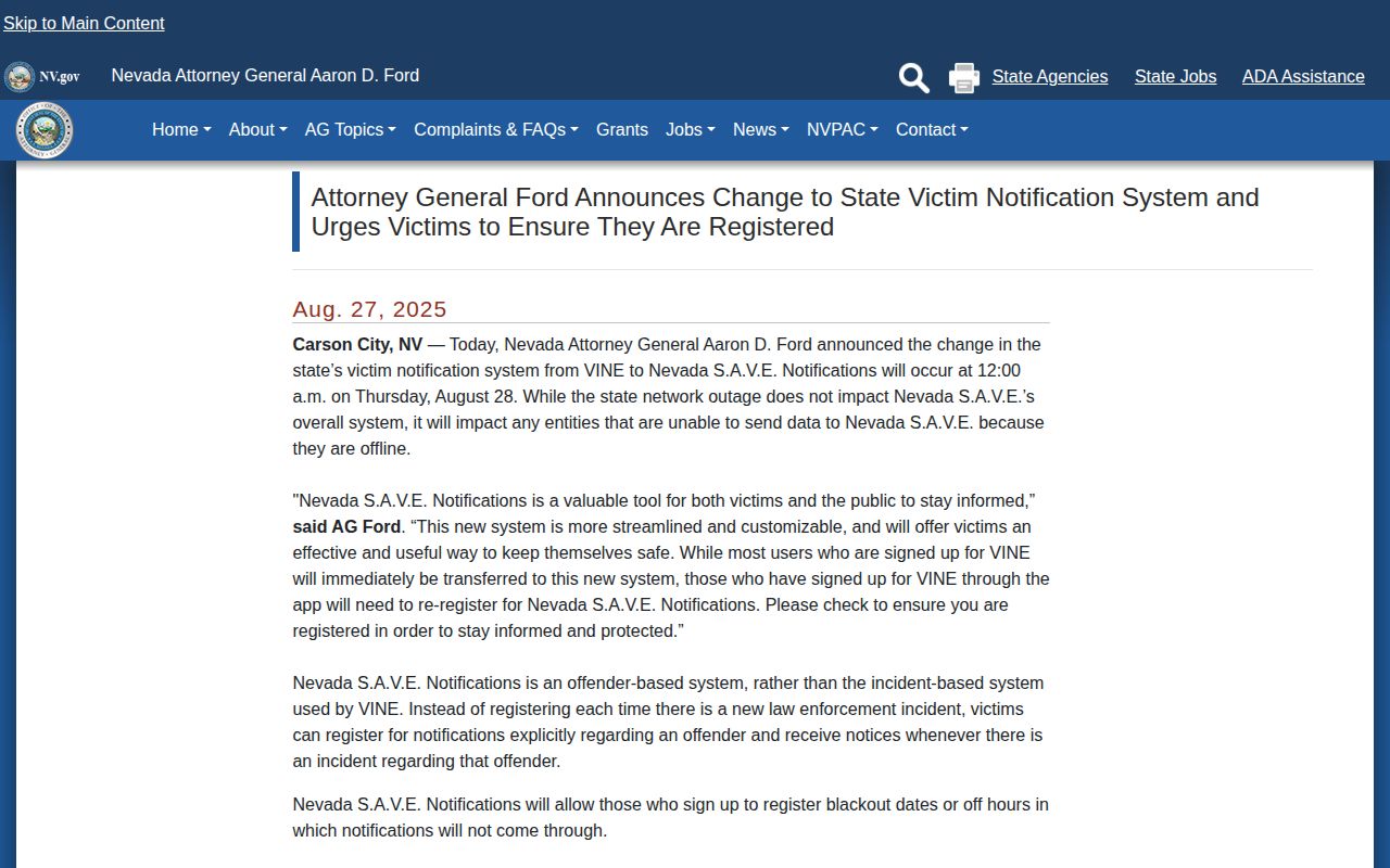 Nevada S.A.V.E. transition notice for Mineral County release alerts